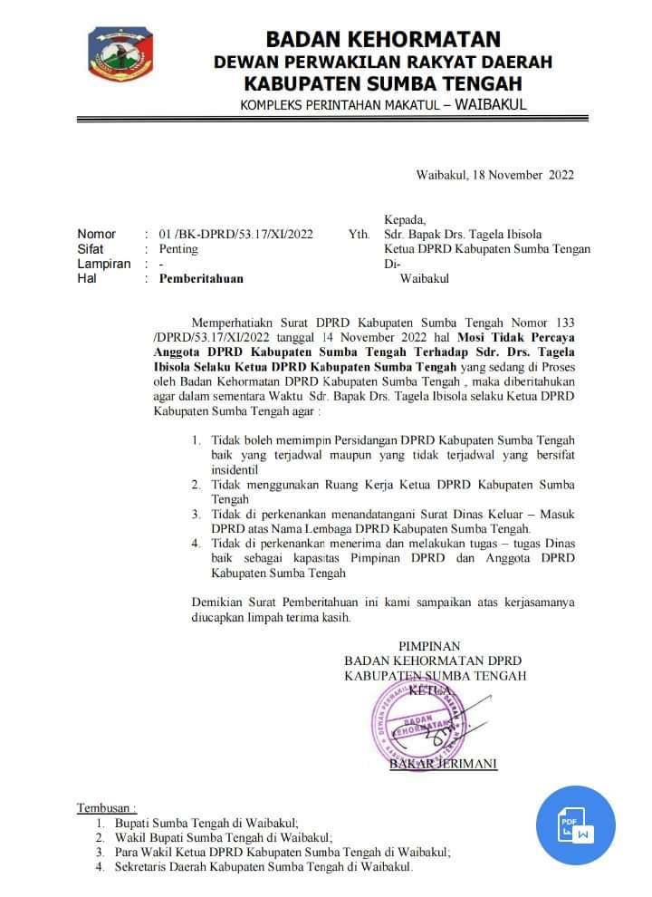 Tragis, Ketua DPRD Sumba Tengah Dilarang Pimpin Sidang 1 sumteng mosi tidak percaya