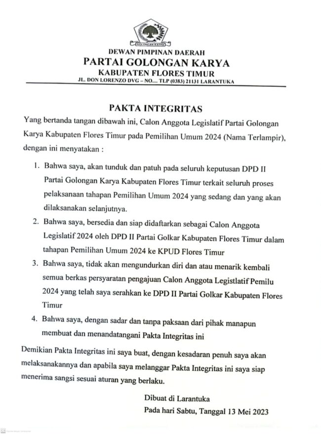 Bacaleg Golkar Flotim Teken Pakta Integritas 1 flotim golkar